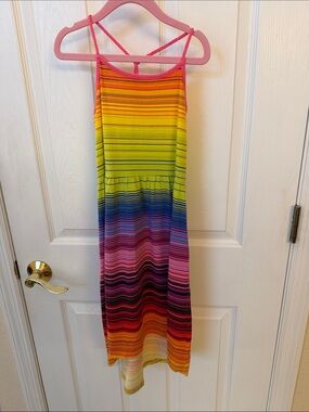 Place Girl's Rainbow Striped Maxi Dress with Pink Trim